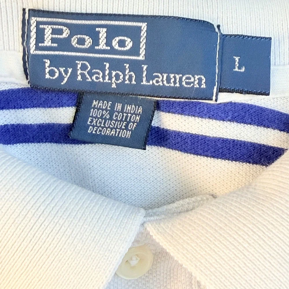 Vintage Polo Ralph Lauren Polo Shirt Men L Blue White Stripe Pony Pique Cotton